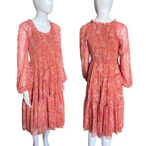 Womens Peach Paisley Long Poet Sleeve Boho Jacquie the Label Anthropologie Dress